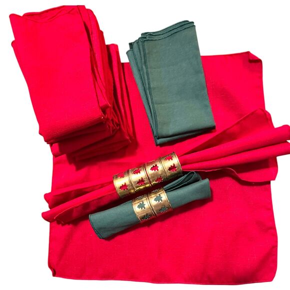 Vtg Brass Christmas Tree Cut Out Napkin Rings Holder Cloth Napkins Red Green LOT - Picture 2 of 11